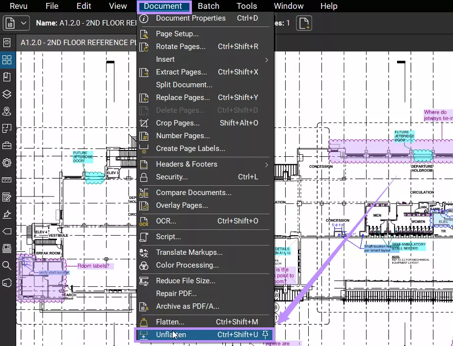 select unflatten under document bluebeam