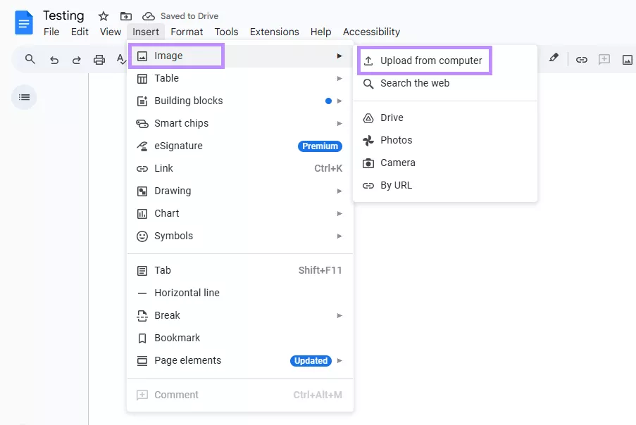 select upload from computer under image google docs