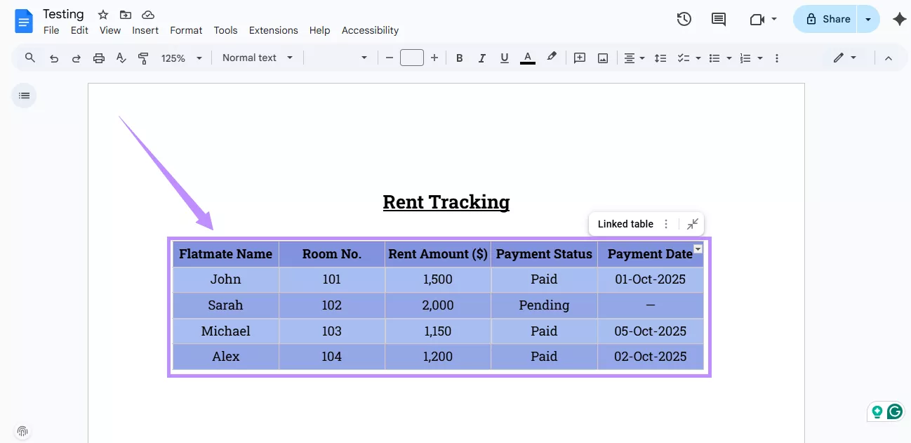 table updated in google docs