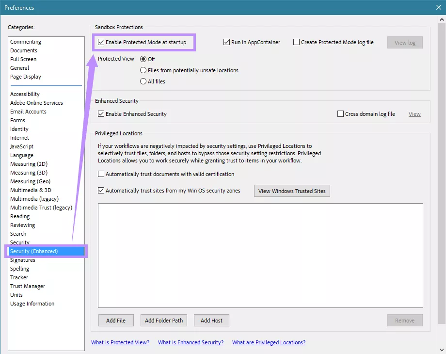 uncheck enable protected mode at startup