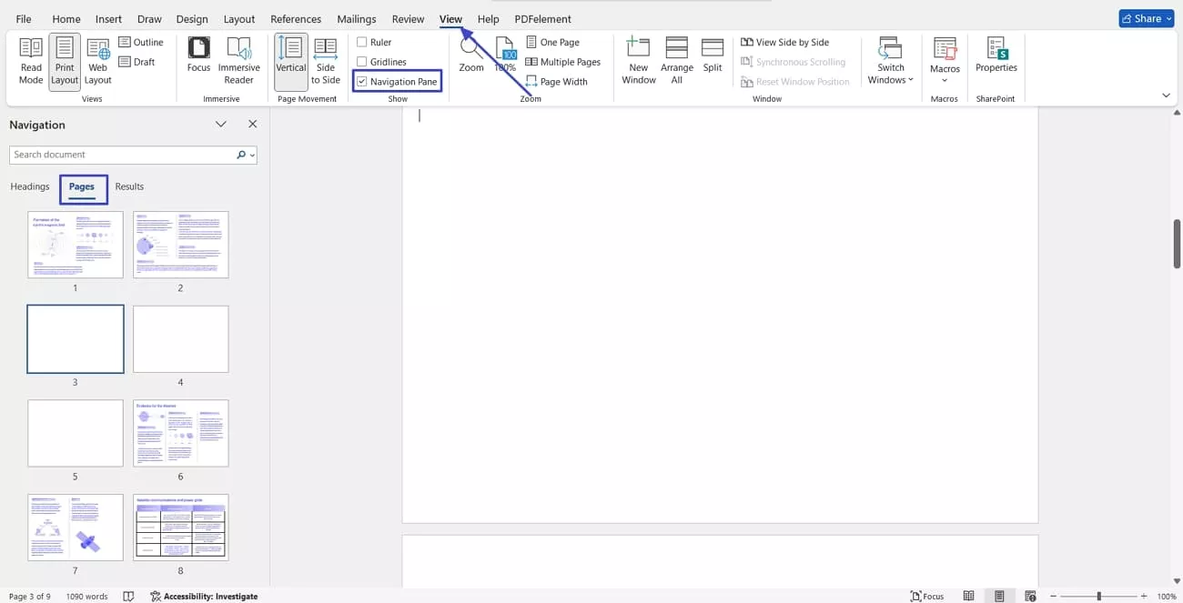 view navigation panel word
