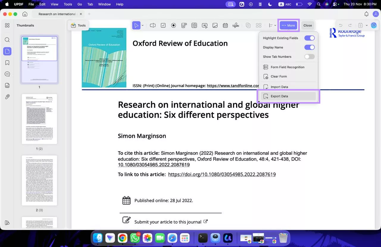 select export data under more