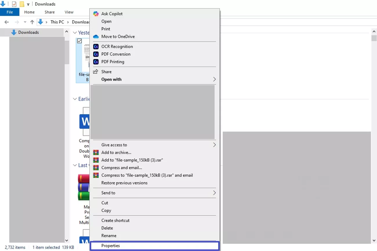 access properties option for pdf
