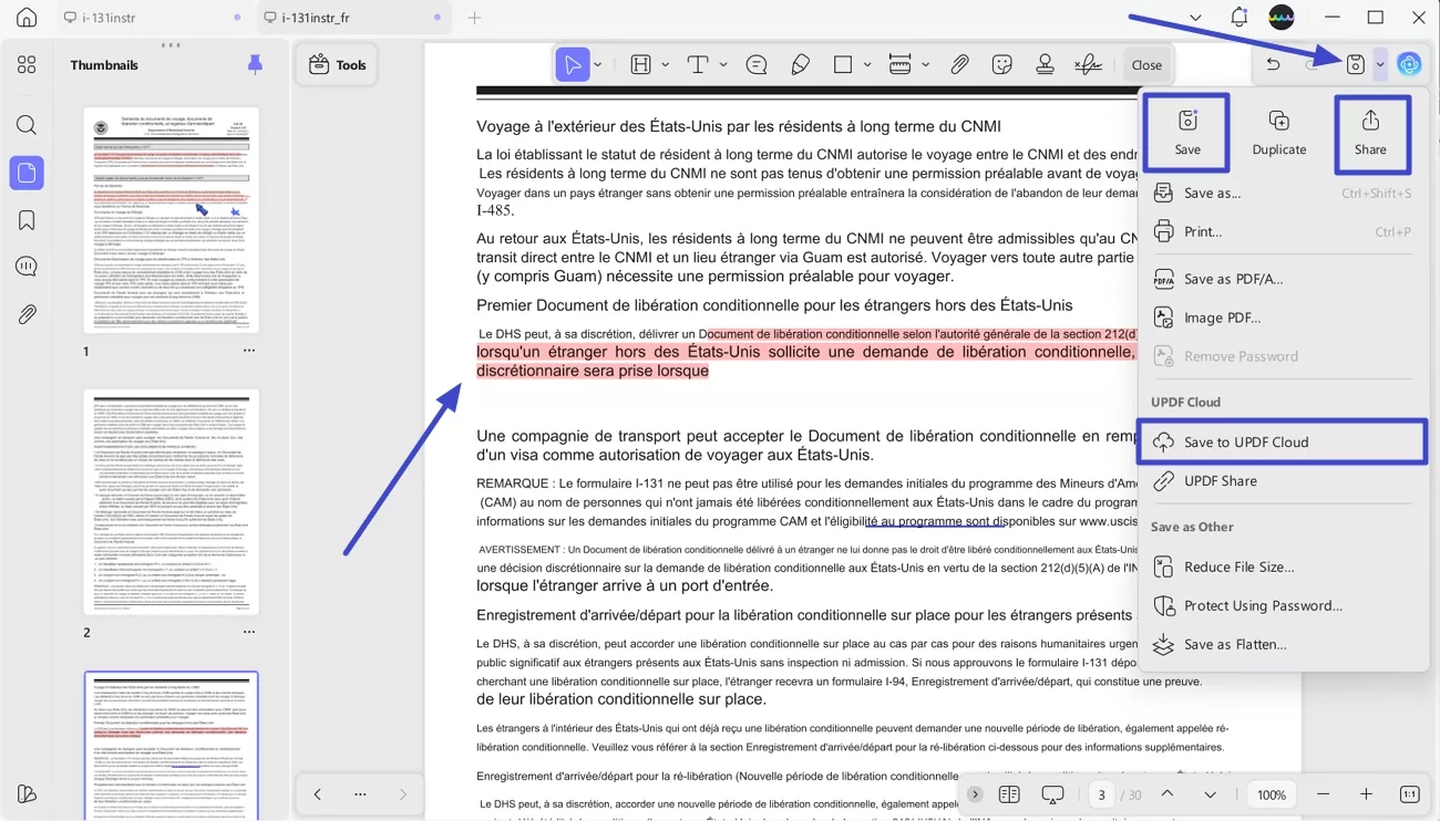 share or save pdf translated