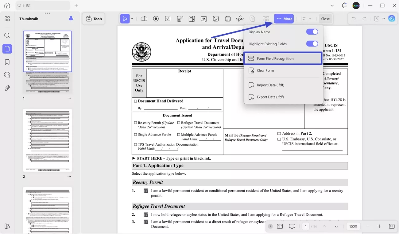 recognize fields in i-131 form