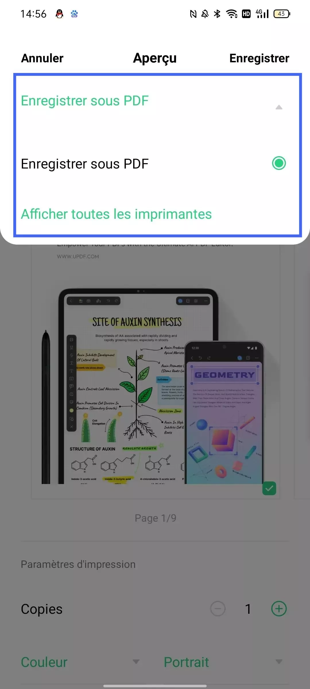 Imprimer un PDF dans updf sur Android