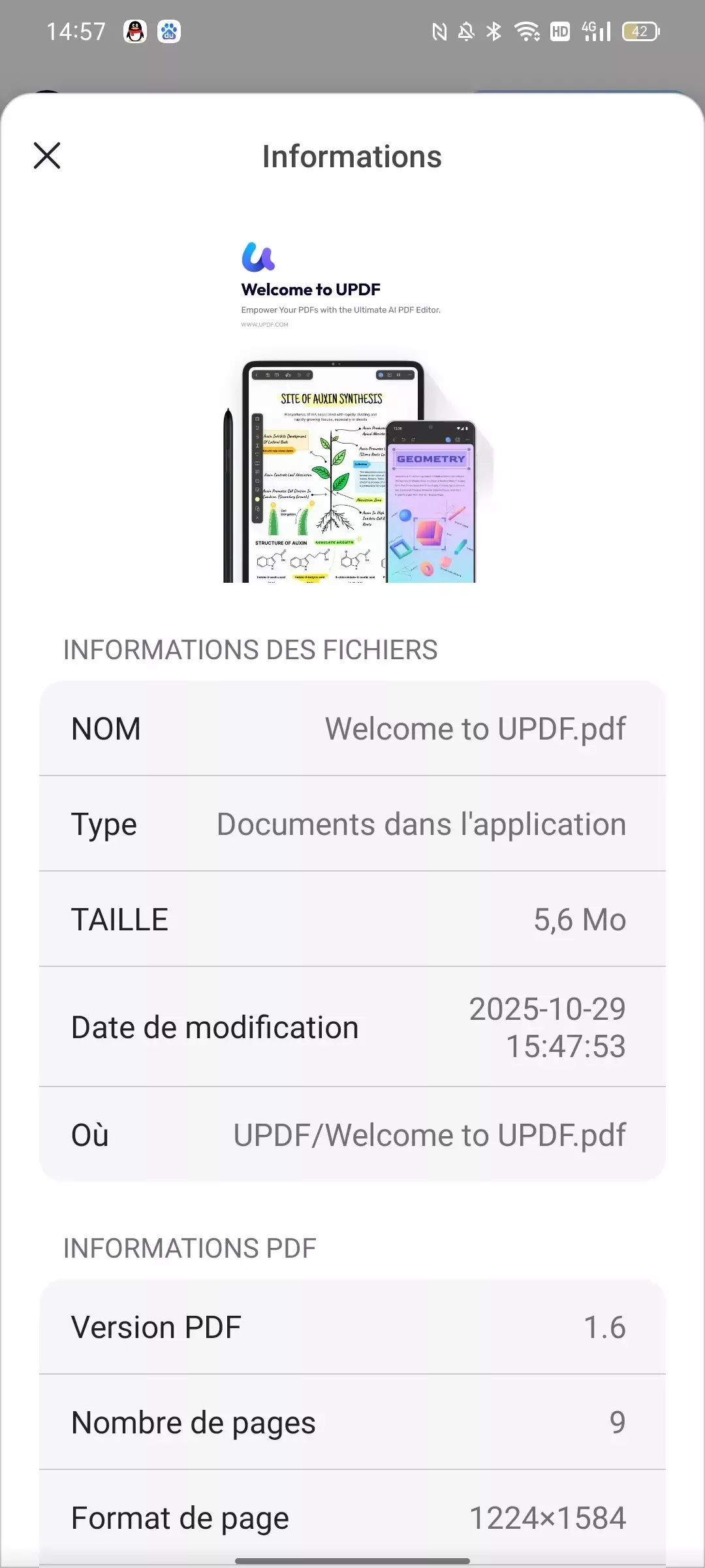 vérifier les informations du PDF Android