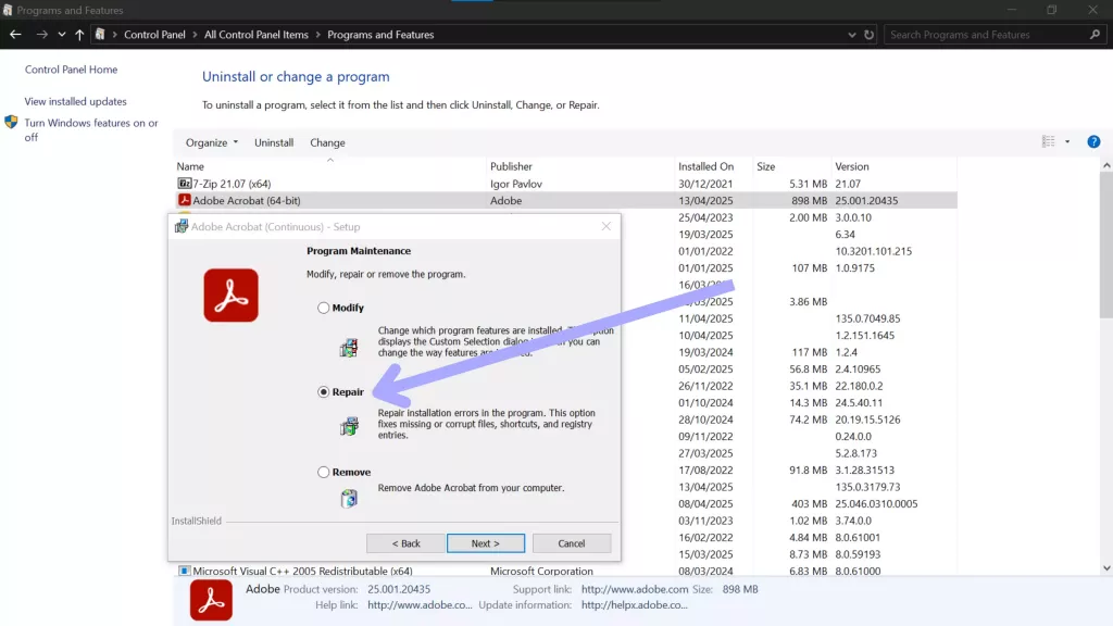 修復 Adobe Acrobat 安裝