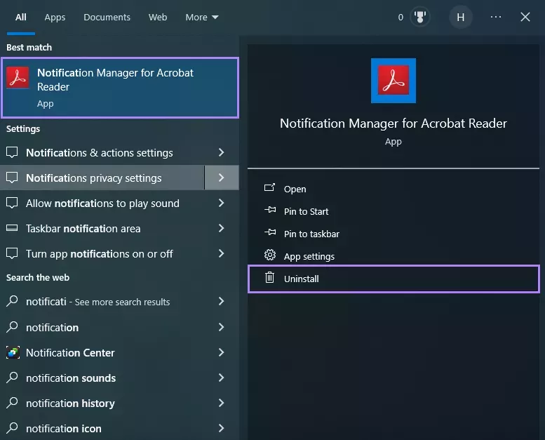 點擊解除安裝 Acrobat 通知管理器