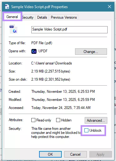 select unblock in security