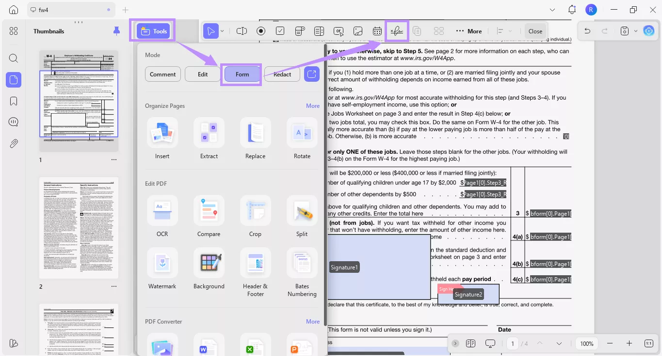 select digital signature under form tool