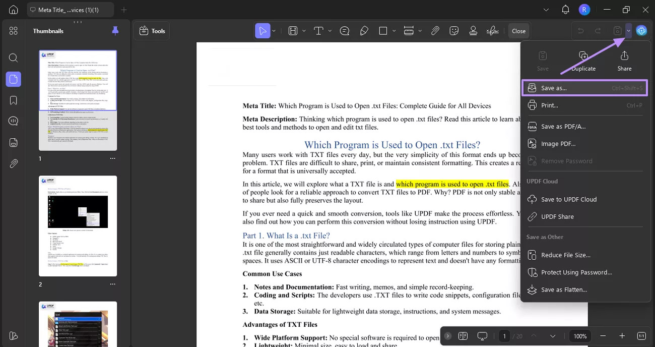 select save as option