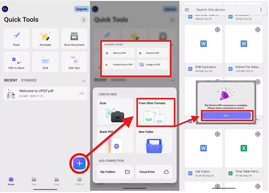 Importing a Word file into the UPDF mobile app for PDF conversion