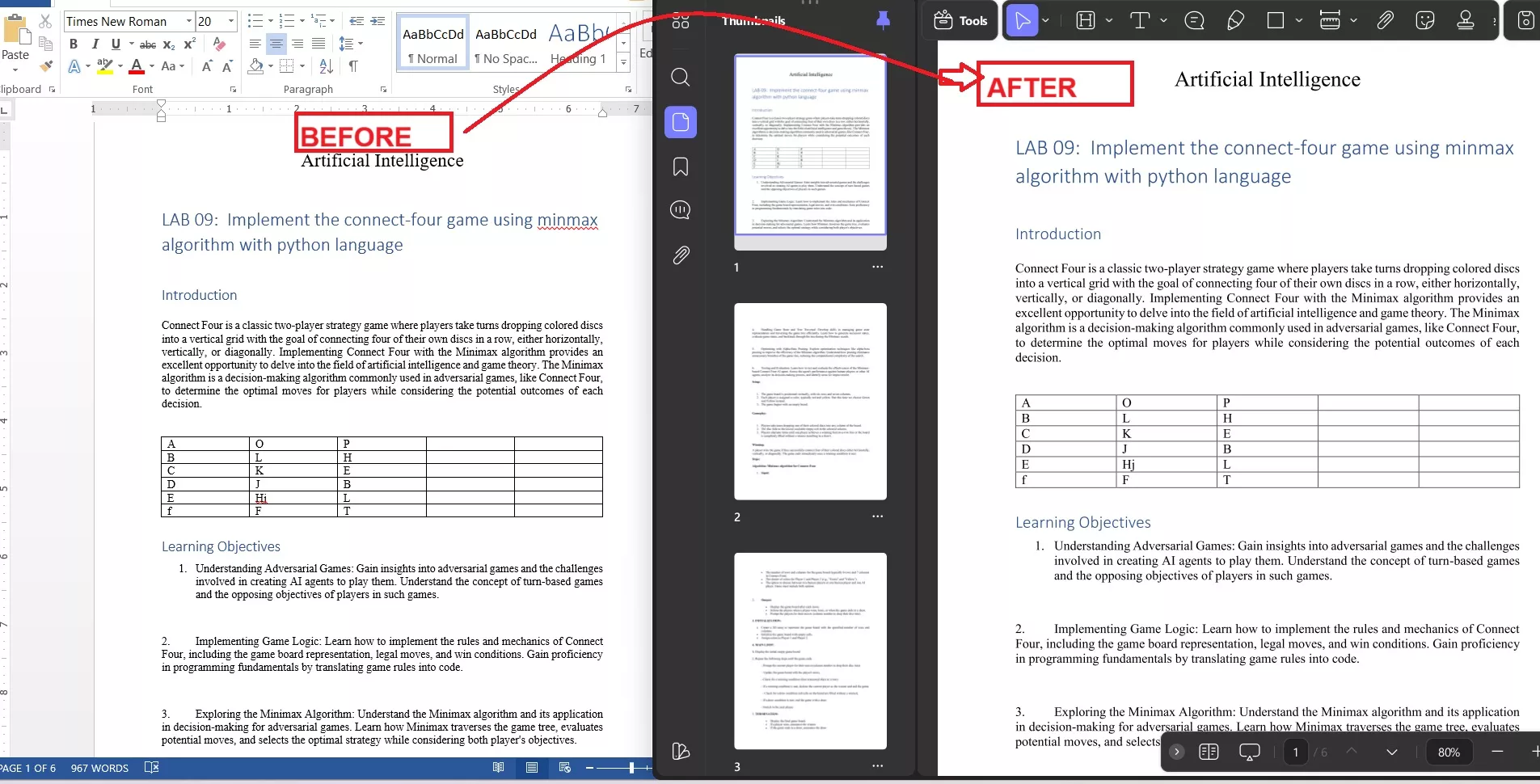 Side-by-side comparison of Word document and converted PDF showing identical formatting