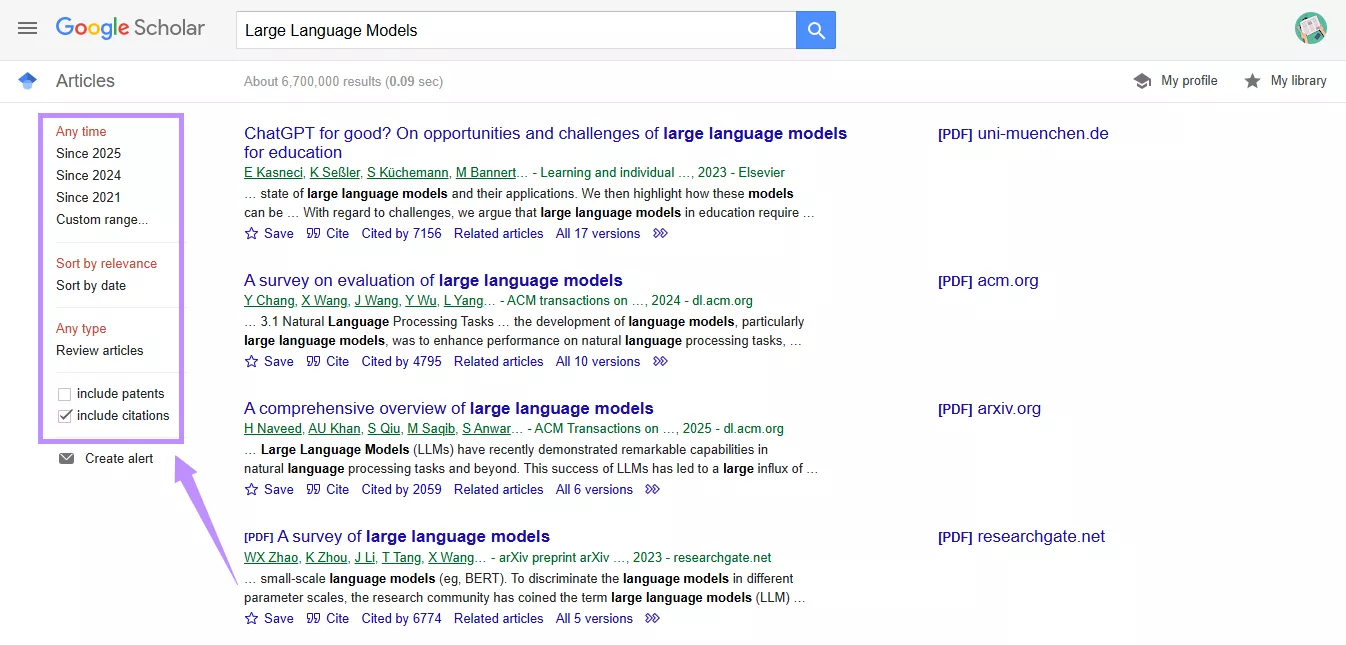 google scholar filters