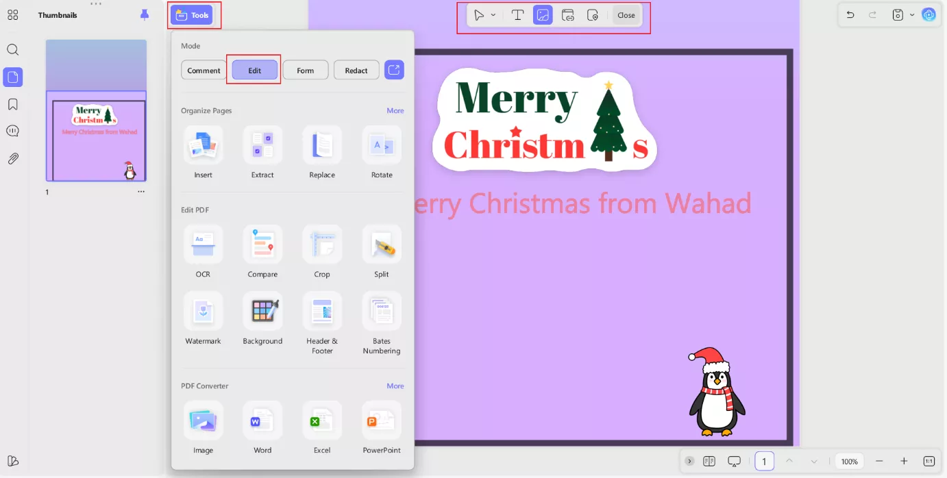 editing text and images in minted card using updf