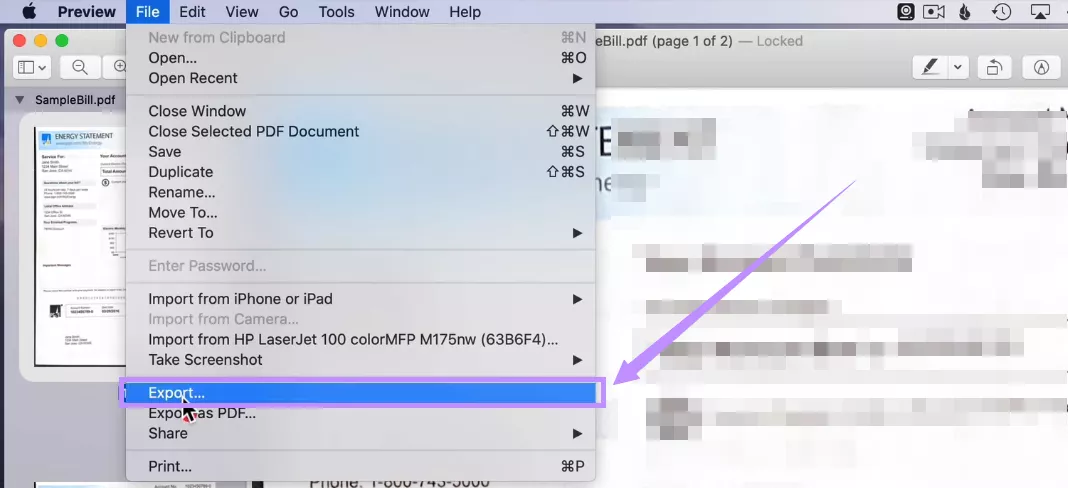 select export under file