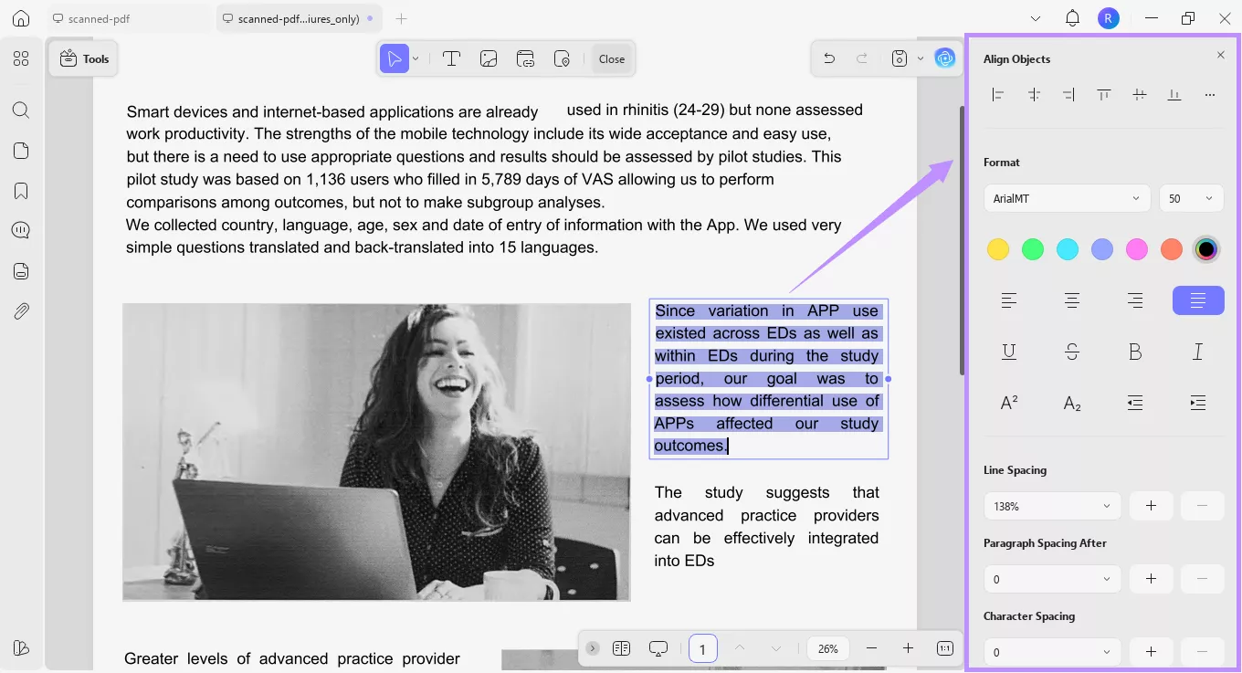 text properties panel