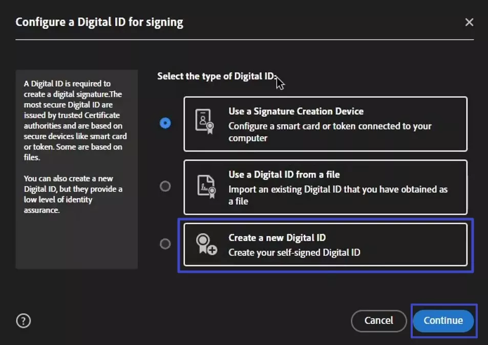 choose create a new digital id