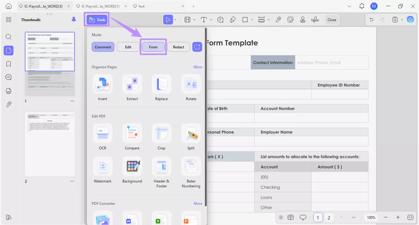 choose form under tools