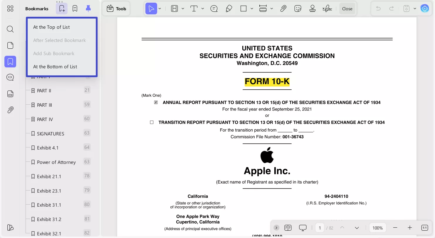 locate bookmark option in left panel