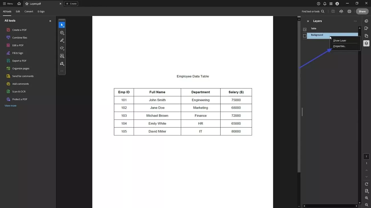 show layers properties adobe acrobat