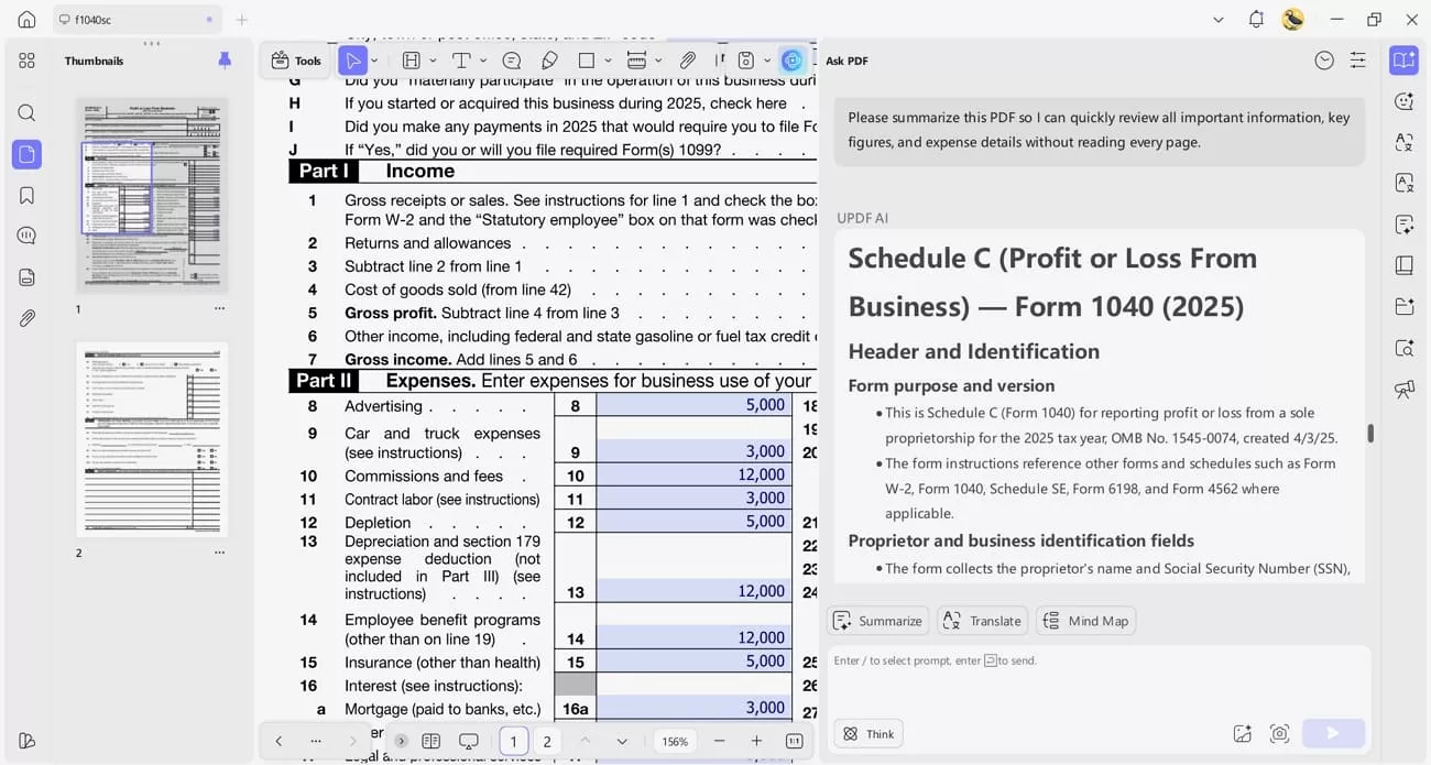 summarize schedule tax document updf ai