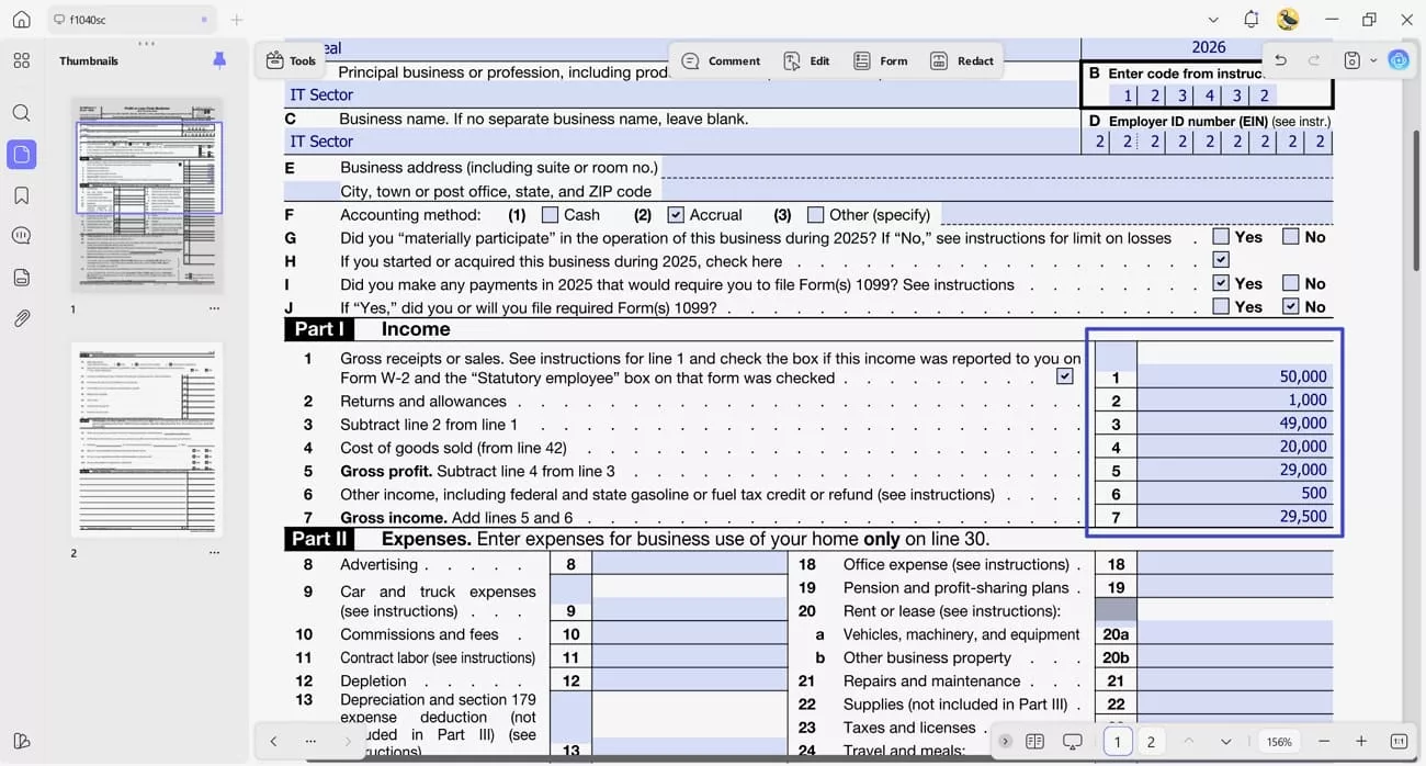 fill schedule c form income numbers
