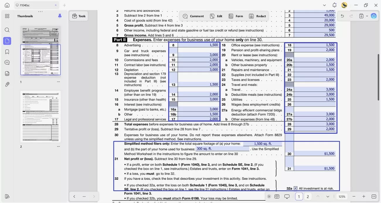 total expenses schedule c form pdf
