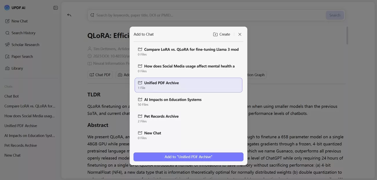 updf paper search add paper chat