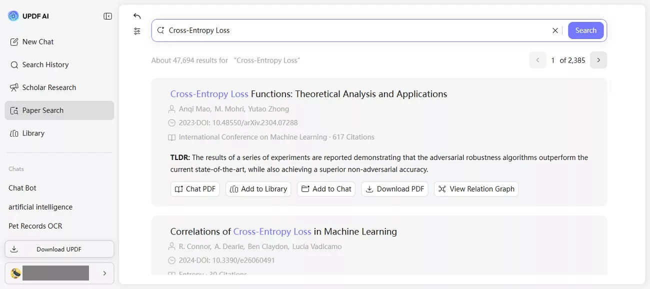 updf ai paper search feature