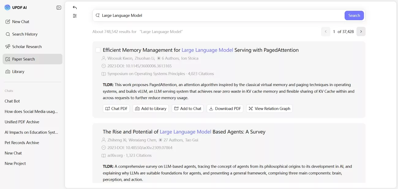 use updf paper search with keyword