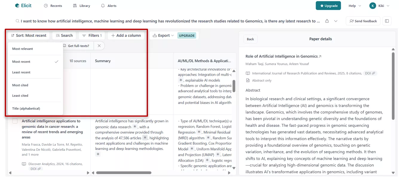 Elicit AI column customization feature