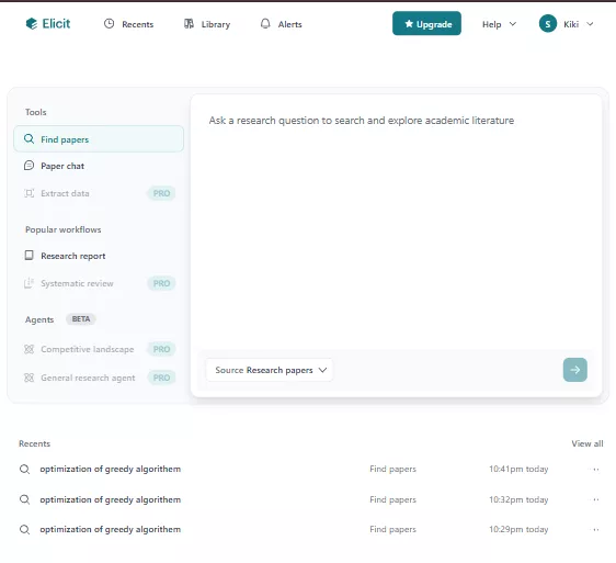 Elicit AI homepage showing research question input