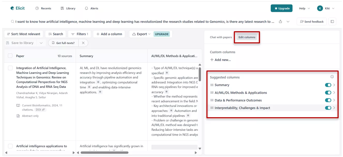 Elicit AI suggested columns