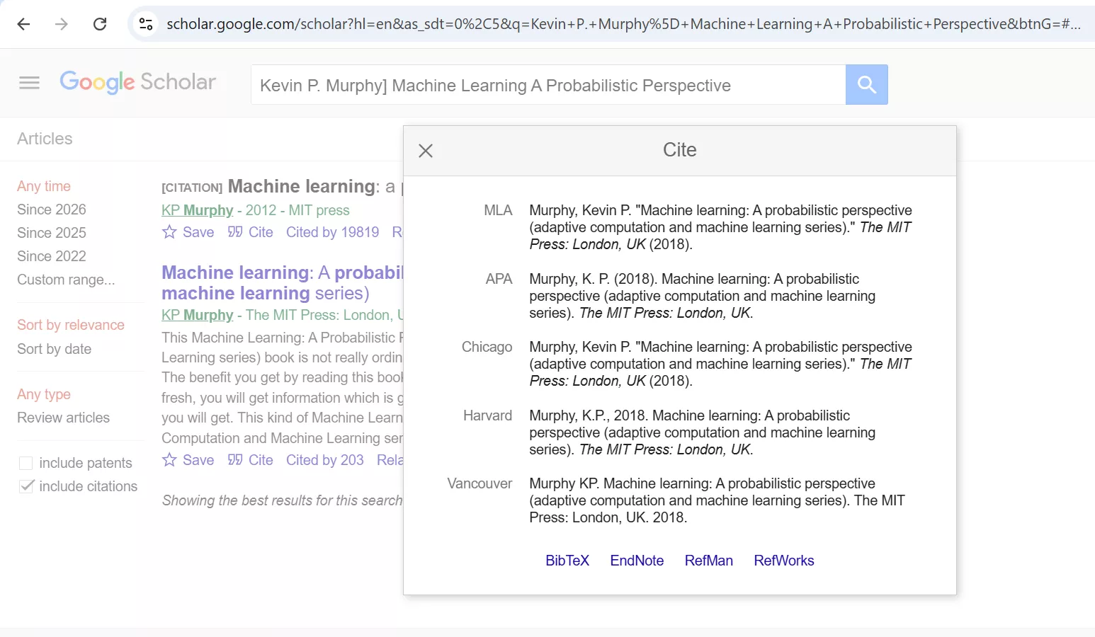 Google Scholar citation in different styles