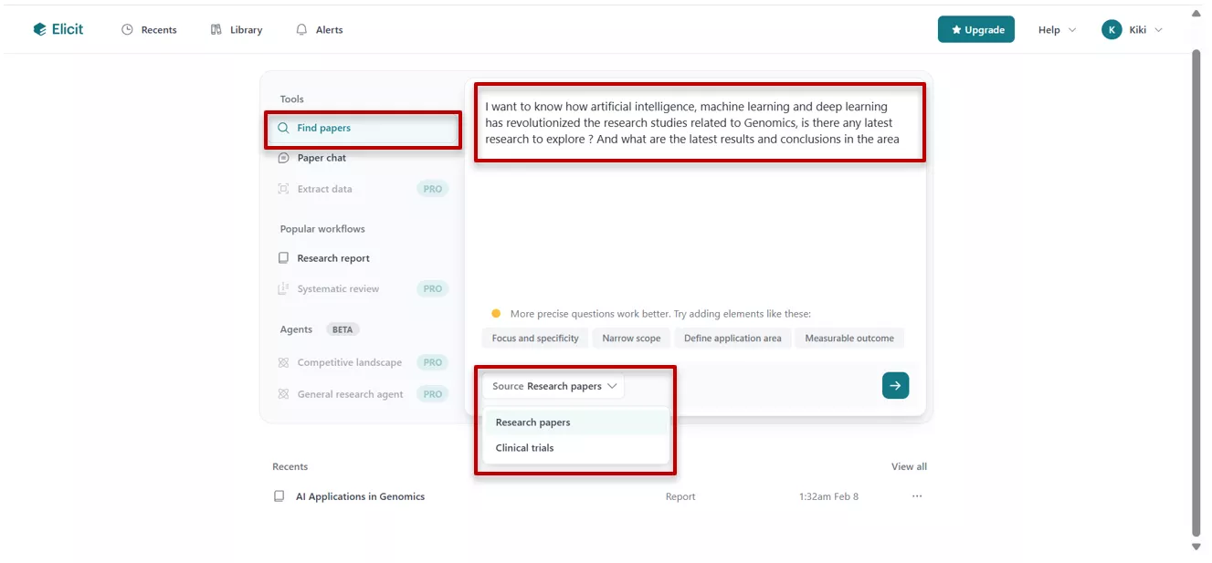 Papers search with Elicit AI