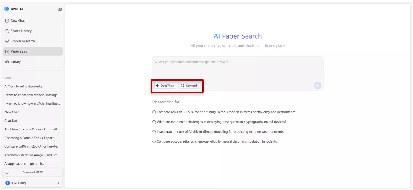 UPDF AI DeepThink and keyword mode