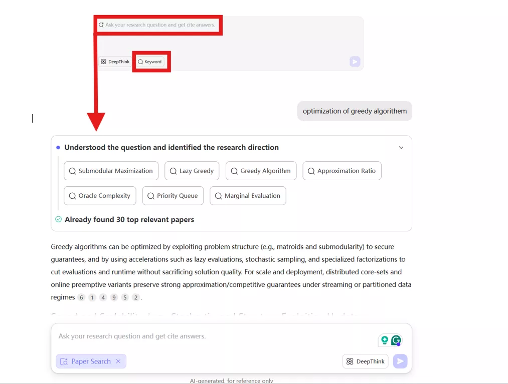 UPDF AI paper search showing keyword and AI modes