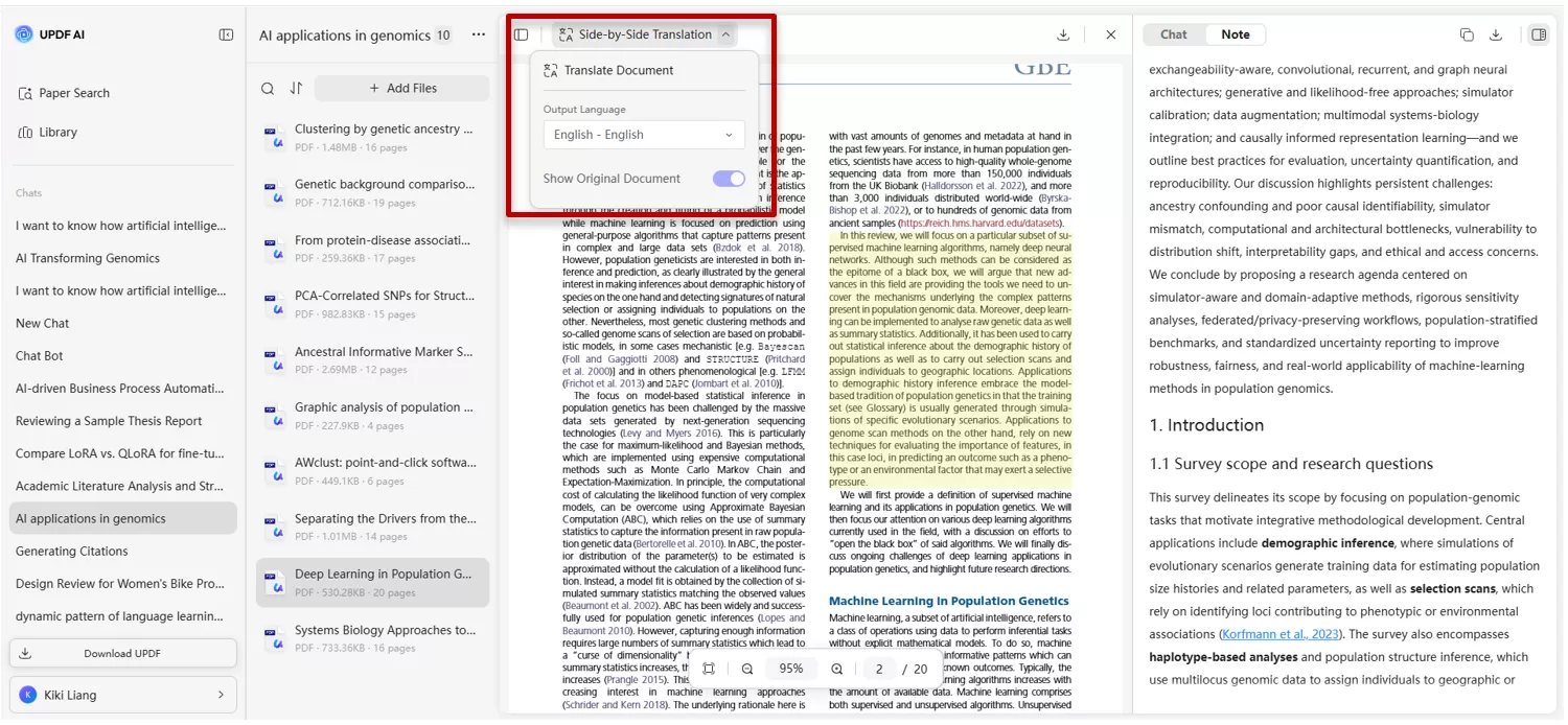 UPDF AI side-by-side translation feature
