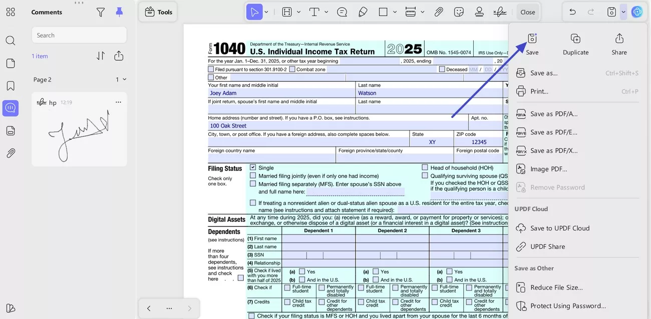 save the finalized tax form