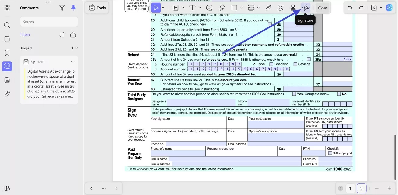 navigate to signature tool