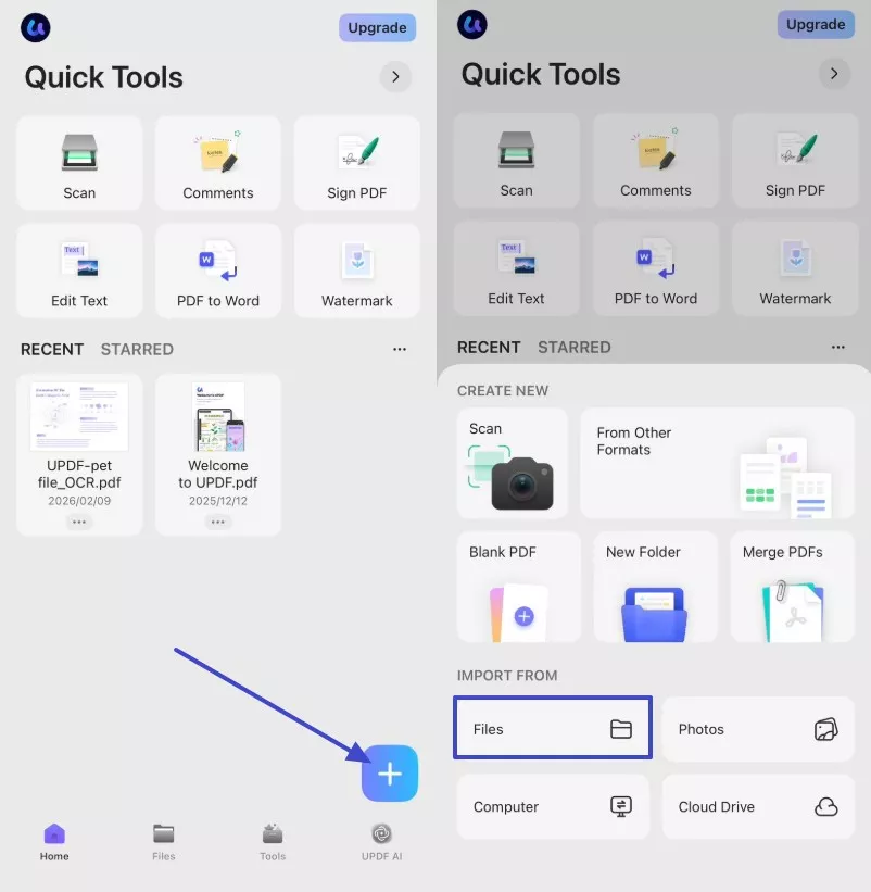 select plus icon to add files