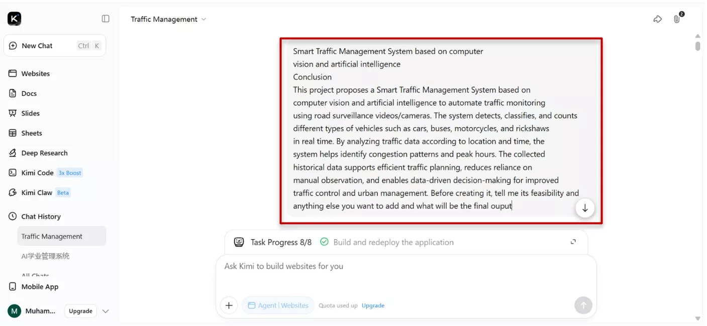 asking kimi for multi step complex project