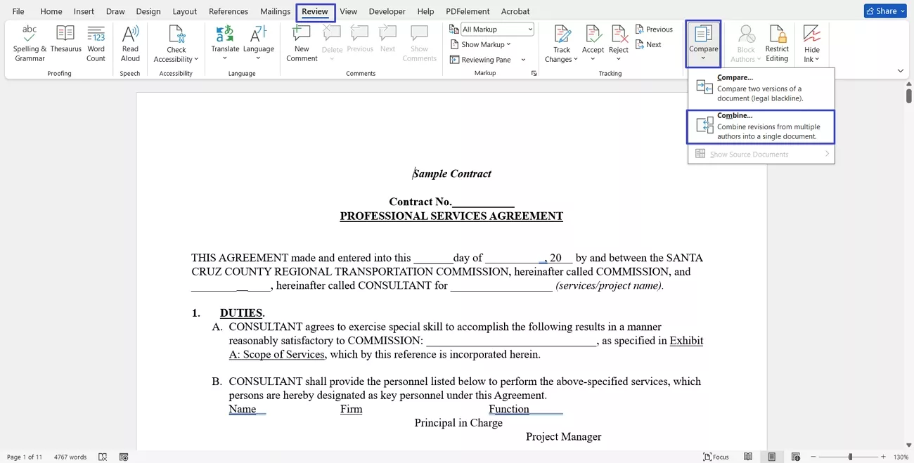 combine ms word document comparison