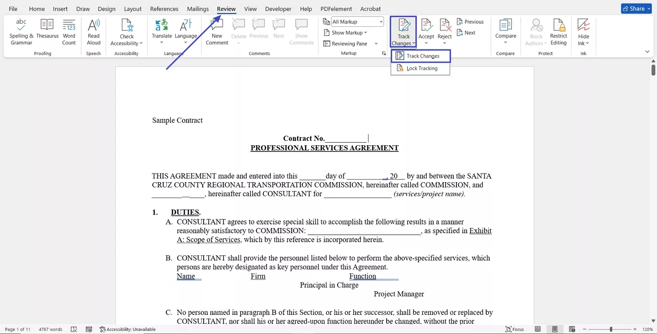 enable track changes feature word