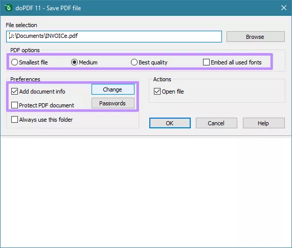 adjust pdf options and preferences