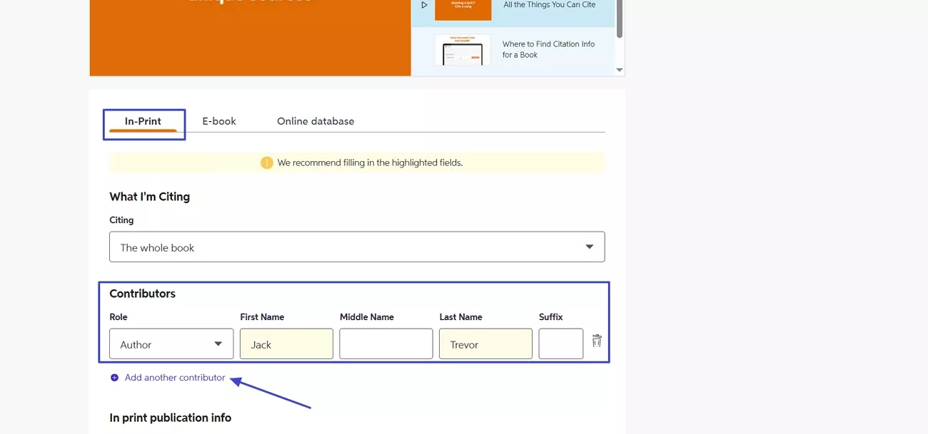 enter contributors details easybib