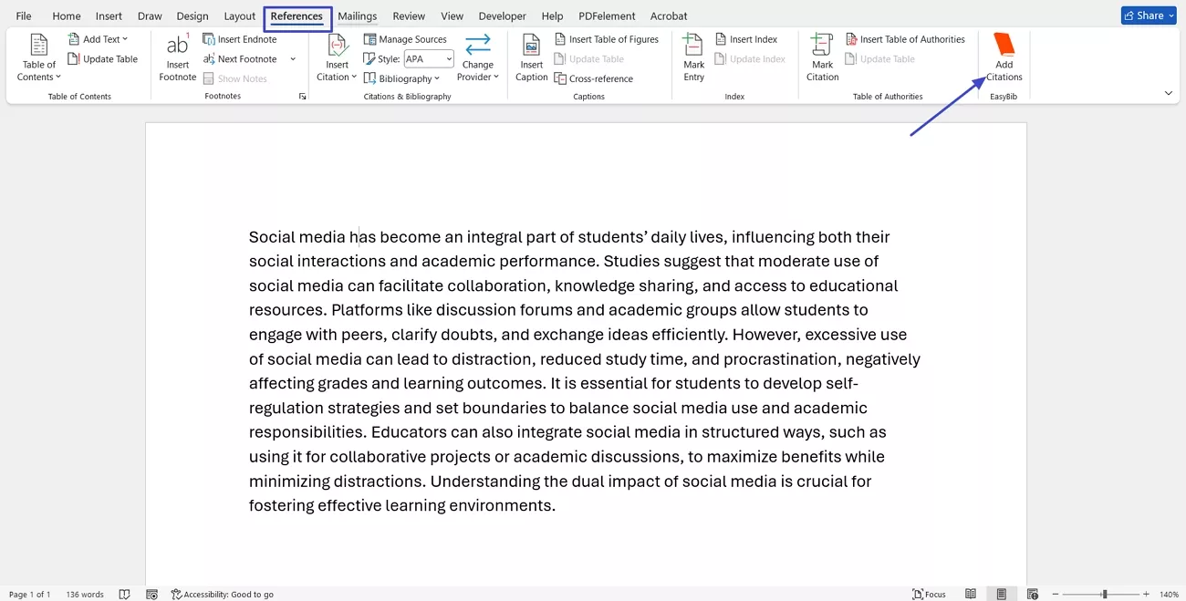 access easybib add in word
