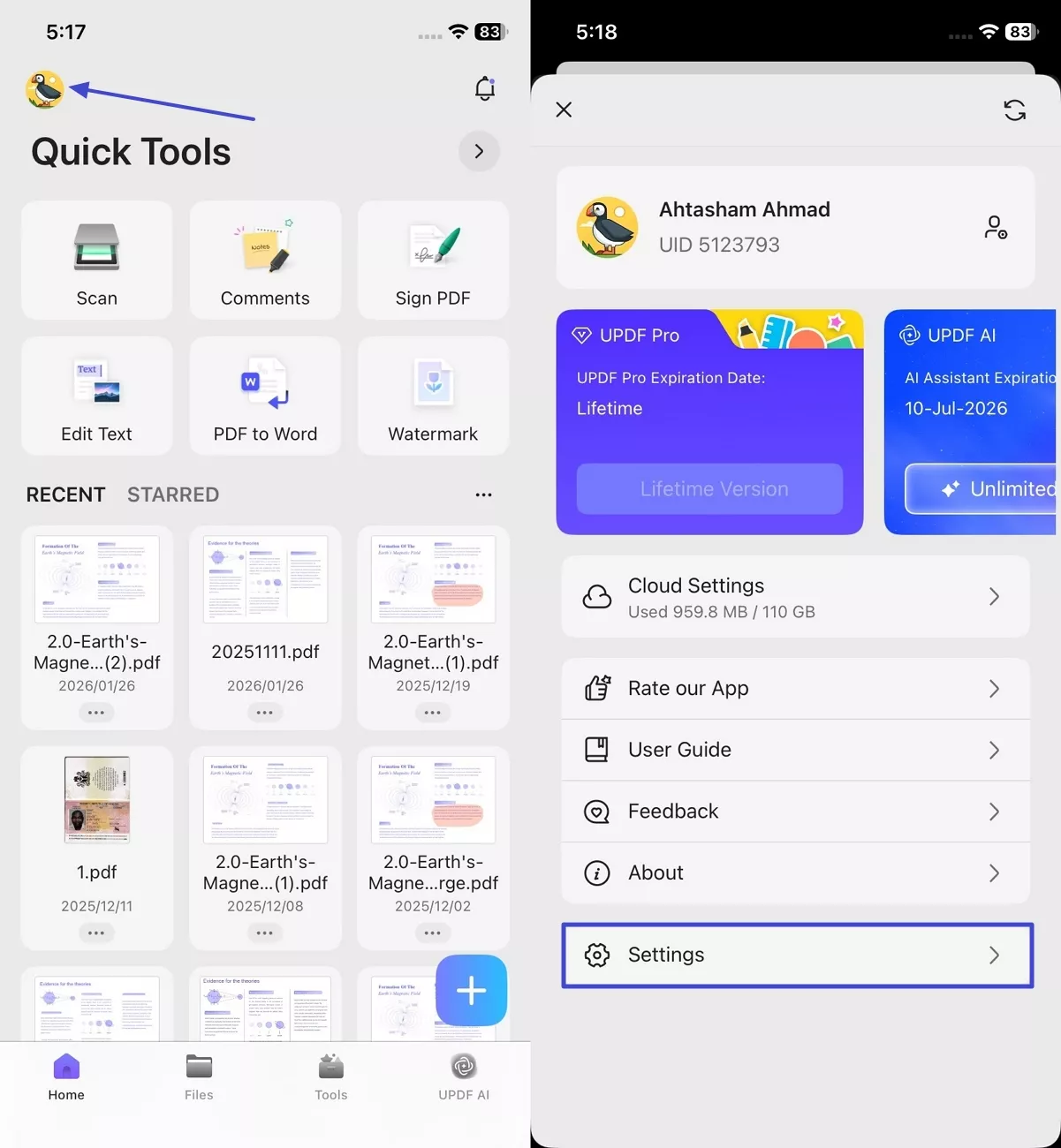 open updf mobile settings